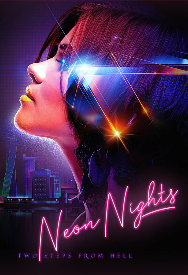 Close up profile of womans head looking up. A cyberpunk'esq stylized city in the background.