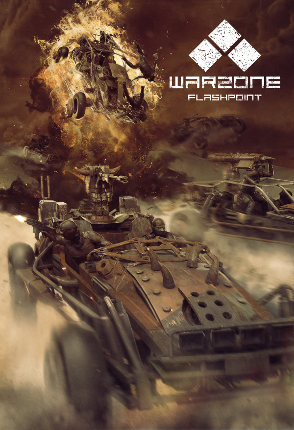 Desert warfare. A military dune buggy explodes up in the air in the background while two other buggies race towards you.